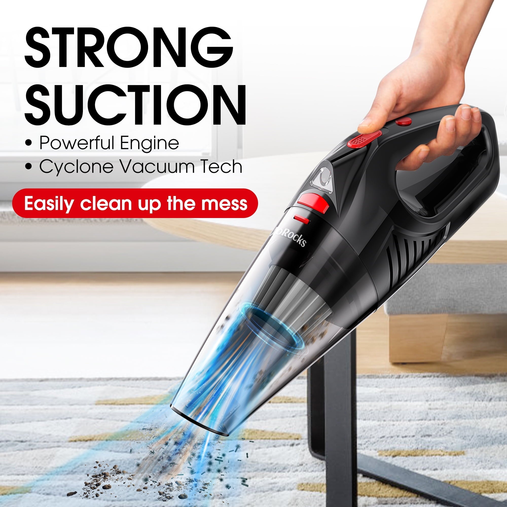 JoRocks Car Vacuum Cleaner Cordless, Portable Cyclone Handheld Vacuum with LED Lights for Home & Car, Black