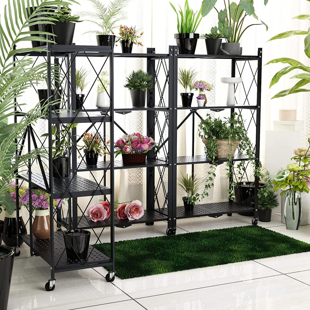 SUGIFT 4-Tier Foldable Storage Shelf, Heavy Duty Metal Shelf, Kitchen Shelf with 3 Hooks, Black