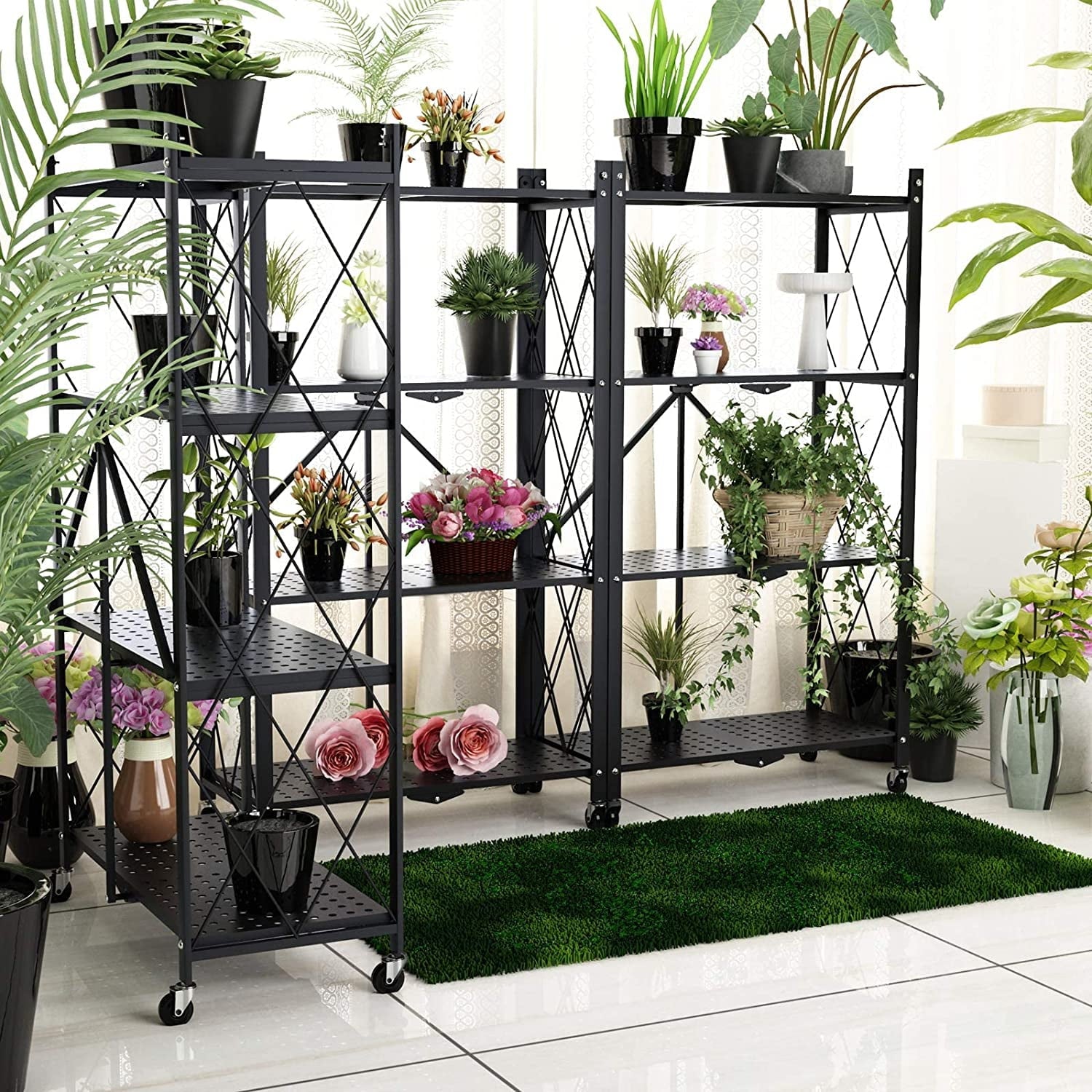 SUGIFT 4-Tier Foldable Storage Shelf, Heavy Duty Metal Shelf, Kitchen Shelf with 3 Hooks, Black