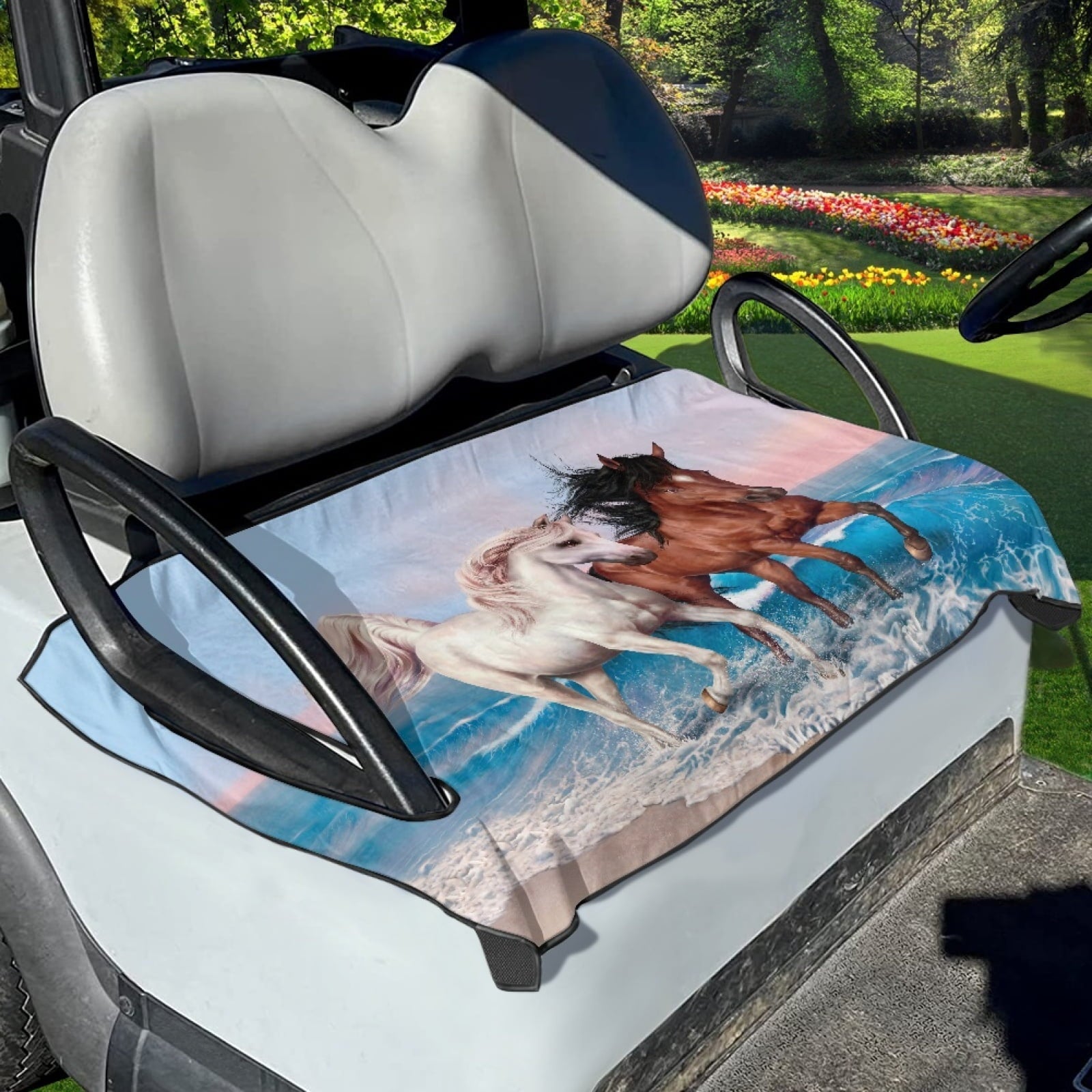 Xoenoiee Horses Sea Waves Pattern Golf Cart Seat Covers for EZGO Yamaha Club Car, All Seasons Golf Cart Seat Towel/Blanket, Soft Microfiber, Machine Washable