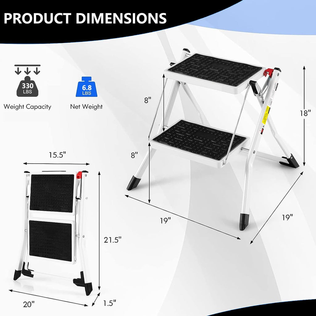 PHANCIR 2 Step Stool Ladder, 330 Lbs Capacity Folding Step Stool for Adults with Anti-Slip Pedals Large Foot Pads, Heavy Duty Steel Sturdy Portable Step Stool Ladder for Kitchen, Household, Office