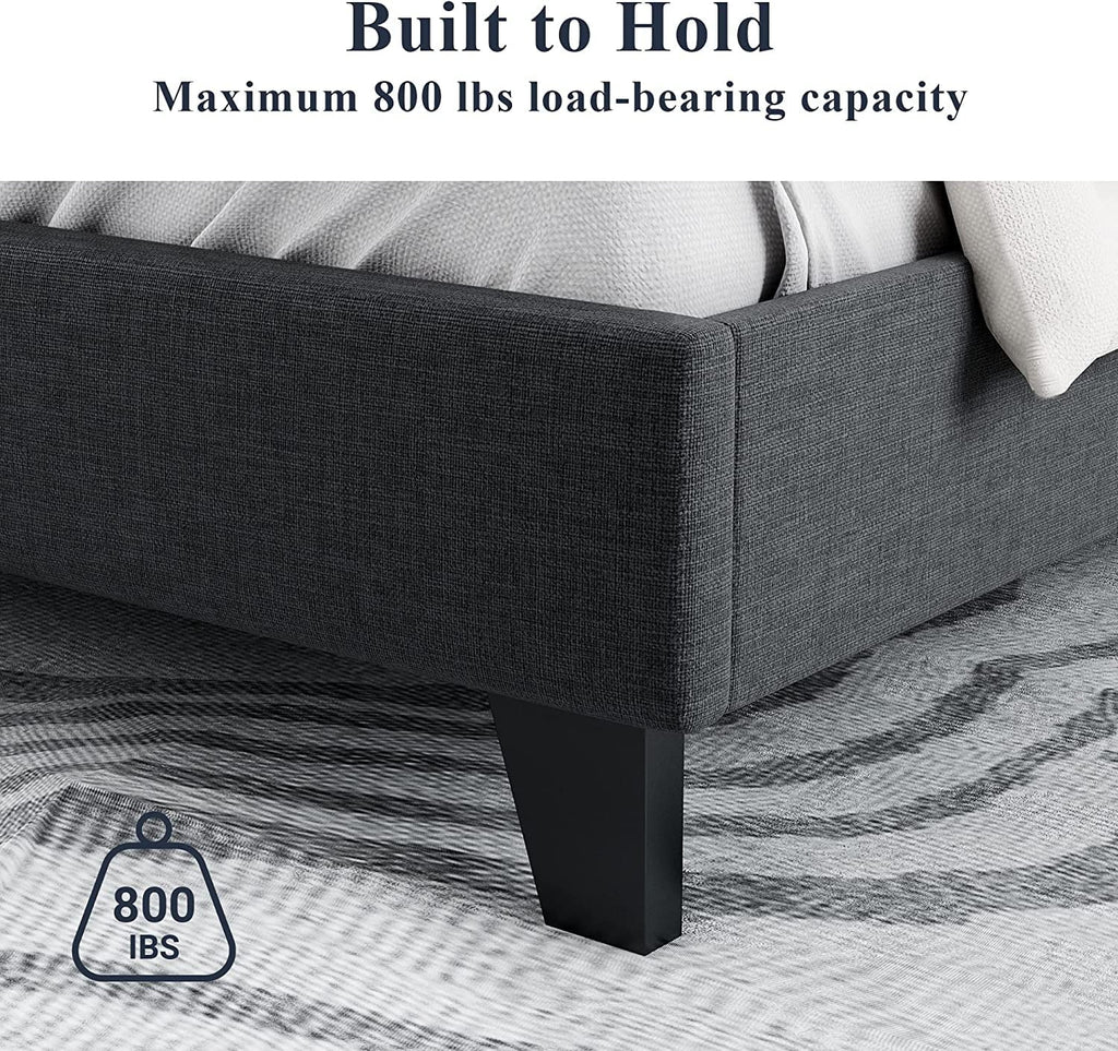 Allewie Queen Size Platform Bed with Wingback Fabric Upholstered Square Stitched Headboard and Wooden Slats, Grey