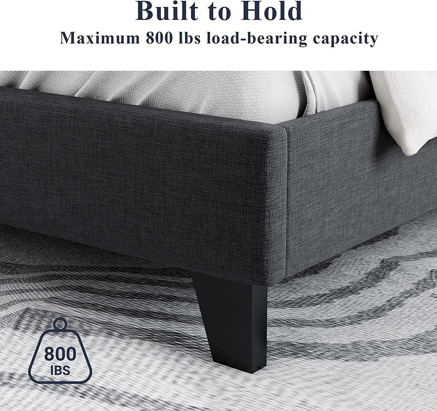 Allewie Queen Size Platform Bed with Wingback Fabric Upholstered Square Stitched Headboard and Wooden Slats, Grey