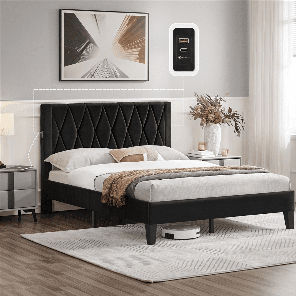 Yaheetech Upholstered Bed Frame with Built-In USB Ports and Tufted Headboard, Full Size, Black