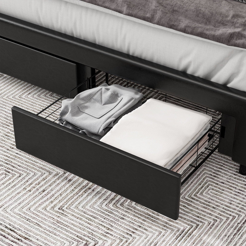 Homfa Full Size Bed Frame with Storage Drawers, PU Leather Upholstered Platform Bed with Adjustable Button Headboard, Black