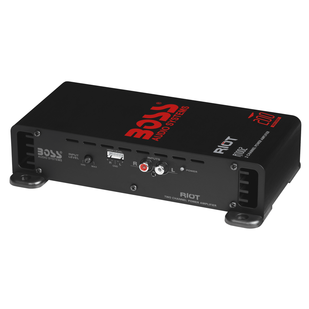 BOSS Audio Systems R1002 Riot Series Car Audio Stereo Amplifier - 200 High Output, 2 Channel, Class A/B, 2/4 Ohm Stable, Low/High Level Inputs, Full Range, Subwoofer