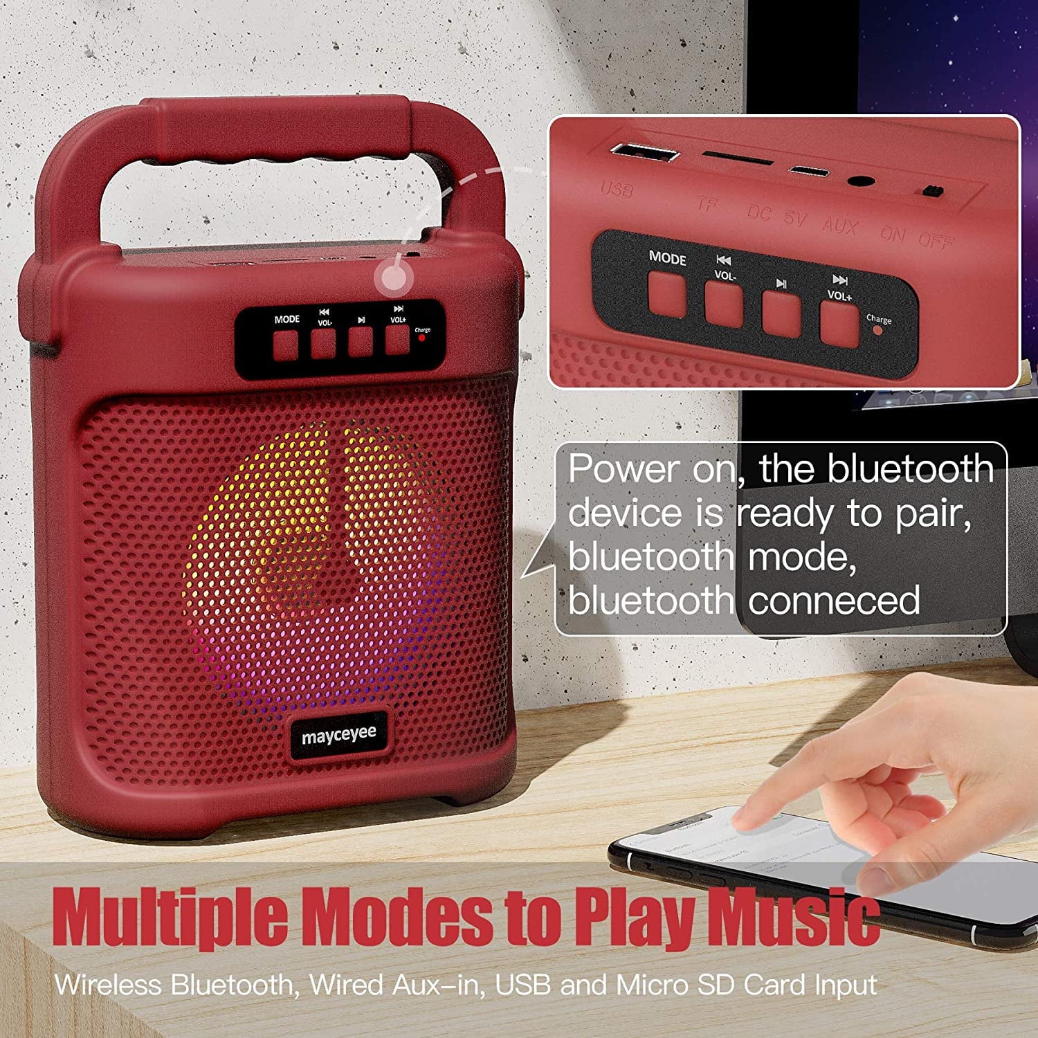 mayceyee Bluetooth Speaker with FM Radio, Rechargeable Portable Speaker with Led Light Flash, USB and Micro SD Card Input and AUX-in, Stero Wireless Speaker for Gatherings, Outdoor and Gym - Red