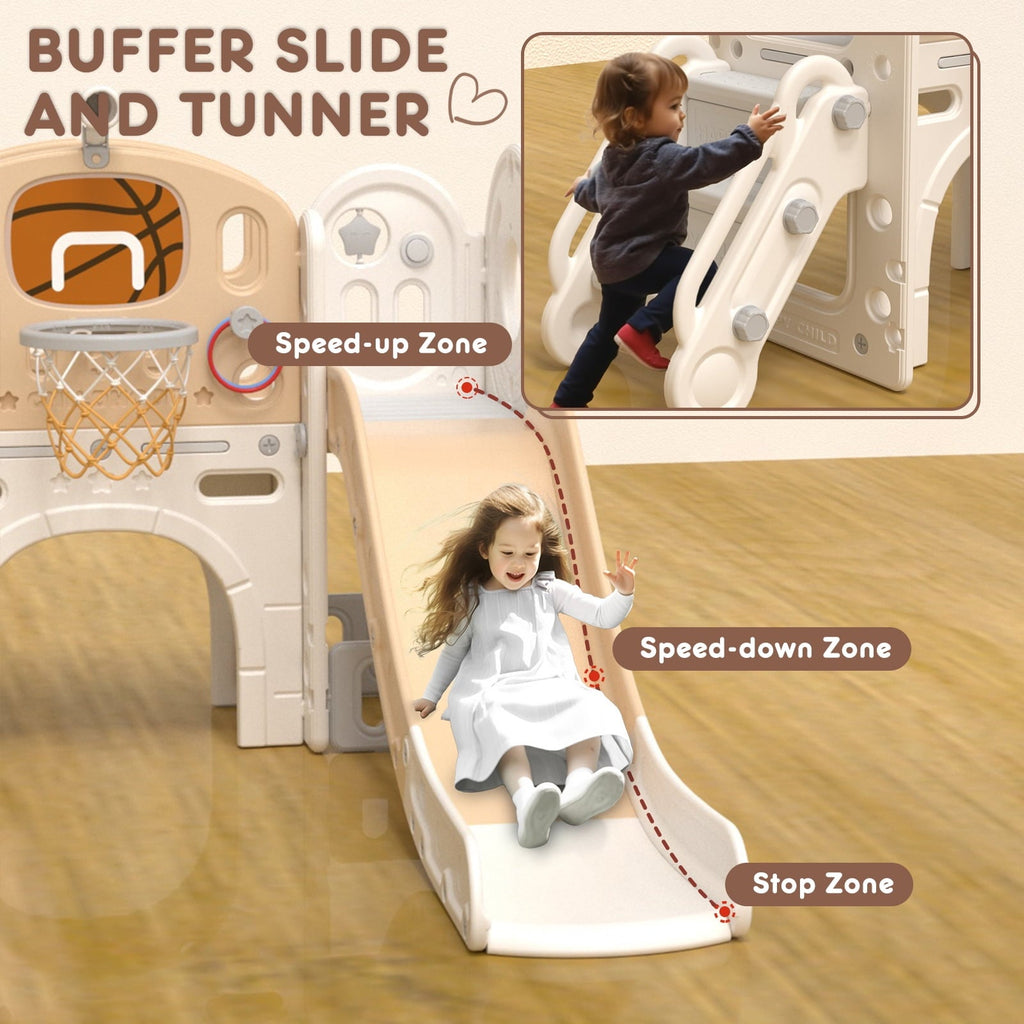 KORIMEFA 7-in-1 Kids Slide with Climber, Toddler Climber Slide Play Set with Basketball Hoop, Tunnel, Telescope and Storage Space, Indoor Outdoor Playground Slide