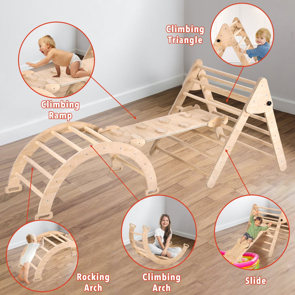 IKER Pikler Triangle Set, 4-in-1 Foldable Triangle Ladder, Montessori Climbing Toys, Rock Climbing Ramp, Set Arch Climber, Rocker, Indoor Outdoor Playground Climbing Toys for Toddlers (Natural)