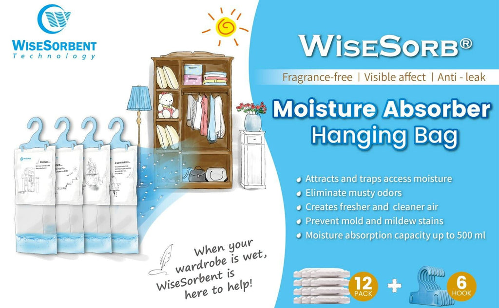 Wisesorb Moisture Absorber Refill Hanging Bags, 12 Pack (7 oz. ea.) of Tyvek Paper Moisture Absorber Packets with 6pcs Hooks, Humidity Packs, Hanging Closet Dehumidifier Bags