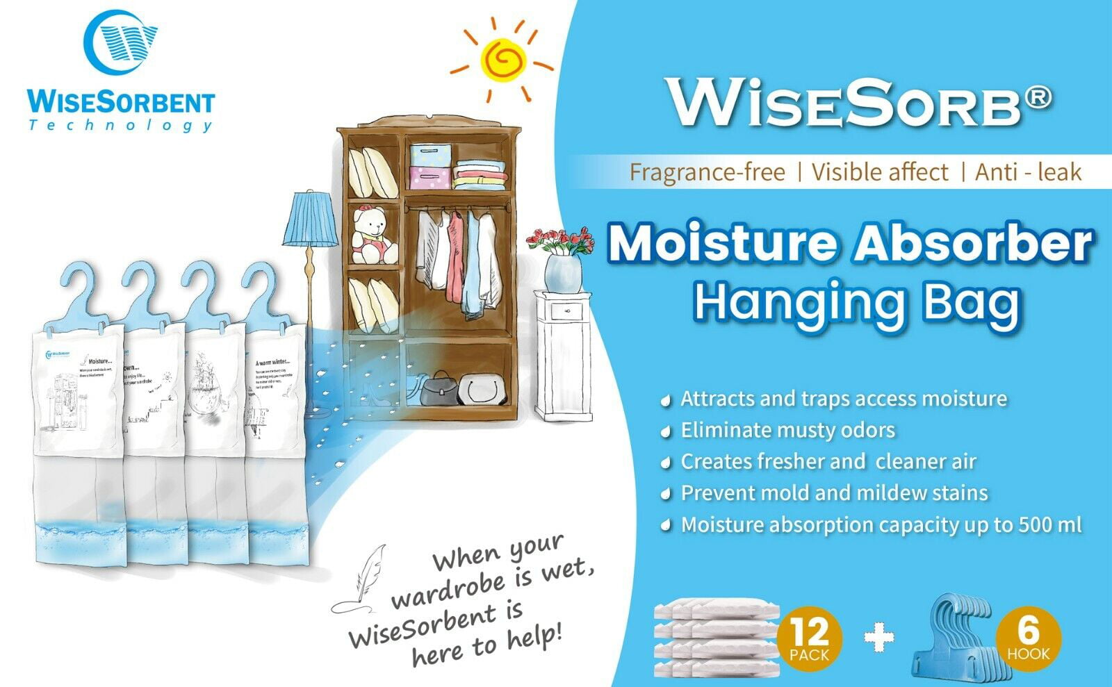 Wisesorb Moisture Absorber Refill Hanging Bags, 12 Pack (7 oz. ea.) of Tyvek Paper Moisture Absorber Packets with 6pcs Hooks, Humidity Packs, Hanging Closet Dehumidifier Bags