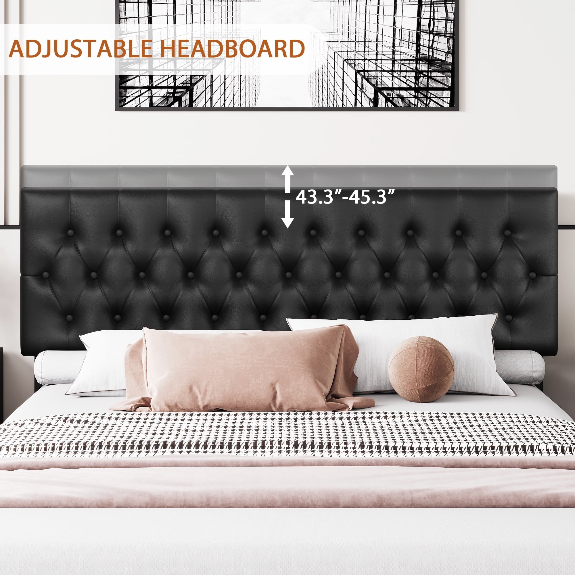 Homfa Faux Leather Storage Platform Bed Frame, King Black Bed Frame with 4 Drawers, Upholstered with Adjustable Headboard