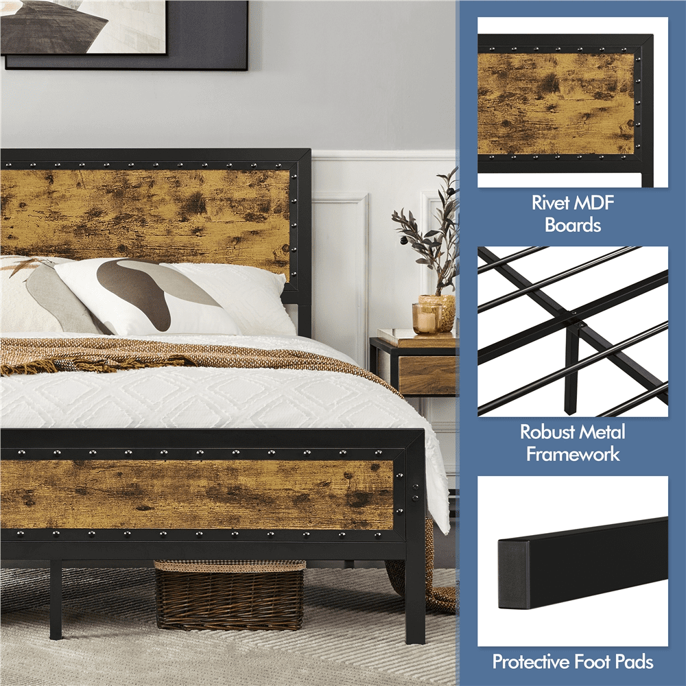 Topeakmart Industrial Metal Bed Frame with Wooden Headboard and Footboard, Queen Size, Rustic Brown