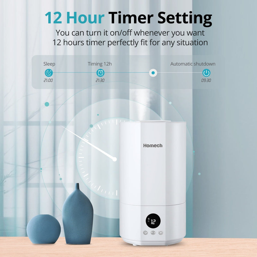Homech Humidifier Top Fill(1 Gal/4L)Cool Mist Quiet Ultrasonic Air Humidifier with 12H Timer, AI Mode Adjustable 3 Mist Level, White