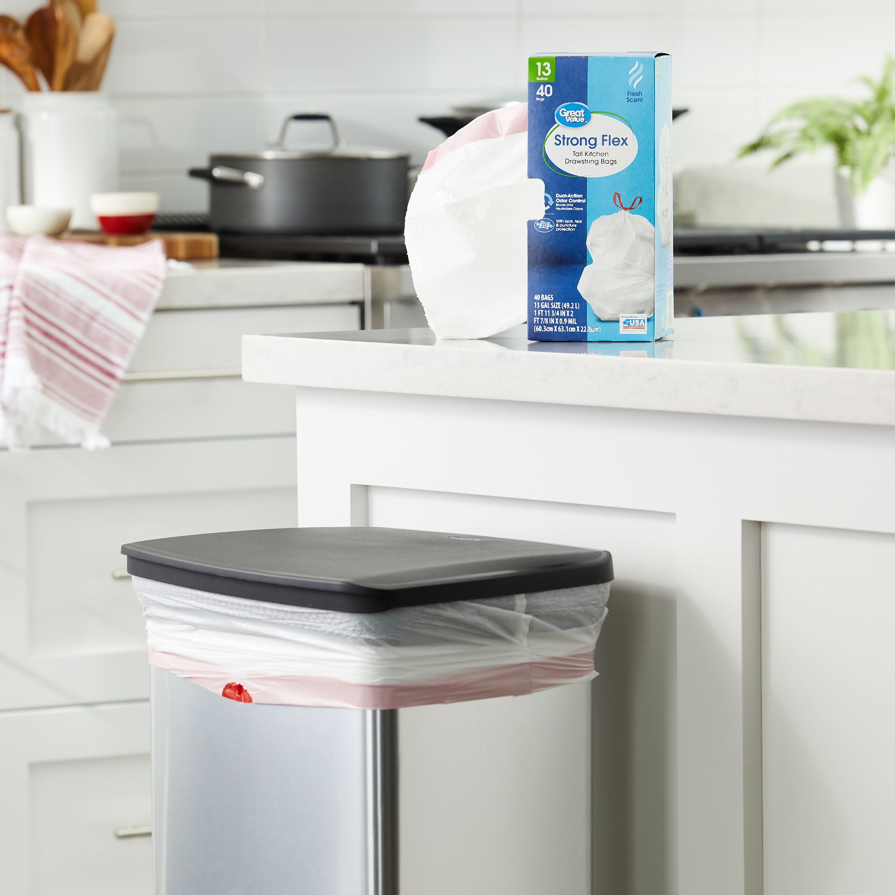 Great Value Strong Flex 13-Gallon Drawstring Tall Kitchen Trash Bags, Fresh Scent, 40 Bags