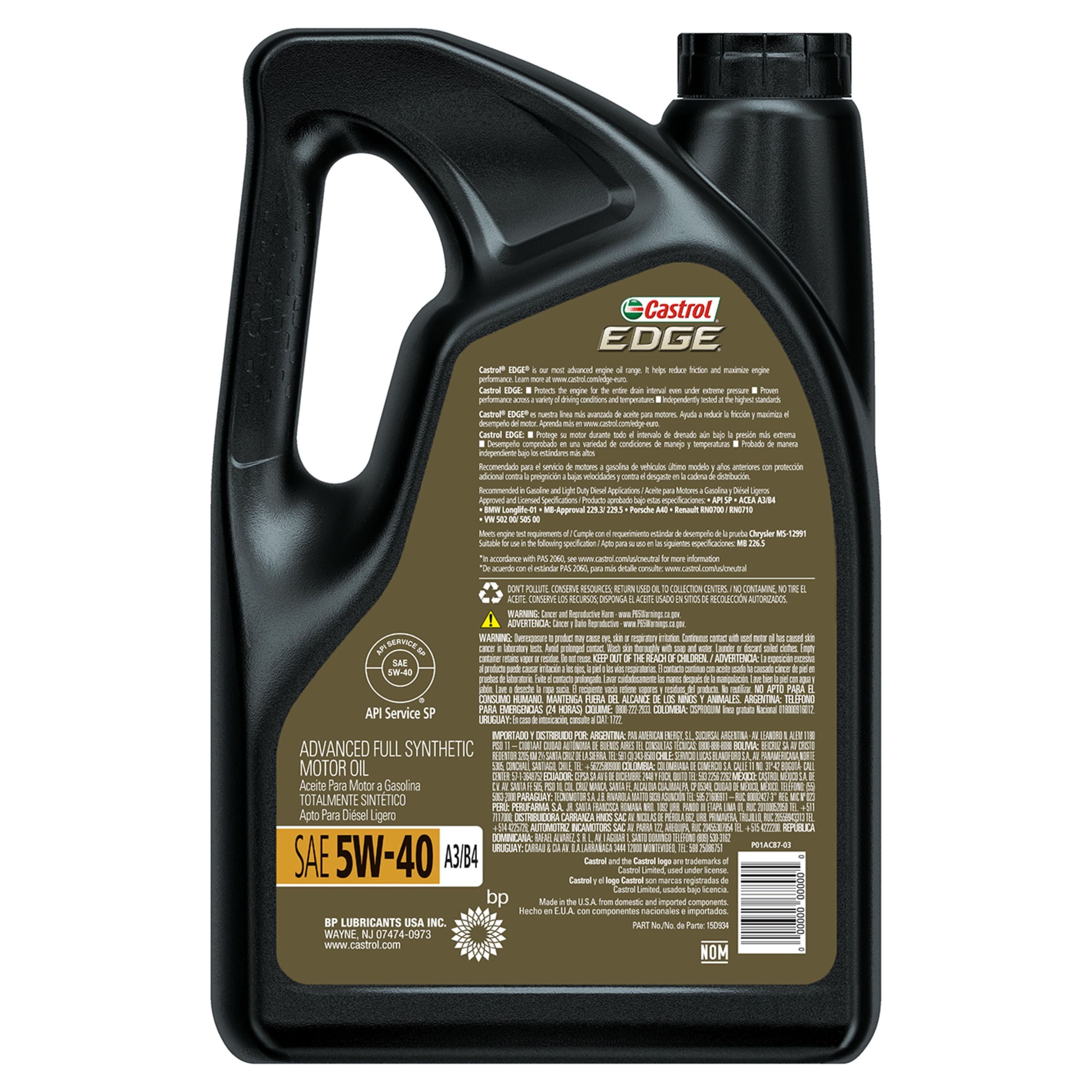 Castrol EDGE Euro 5W-40 A3/B4 Advanced Full Synthetic Motor Oil, 5 Quarts