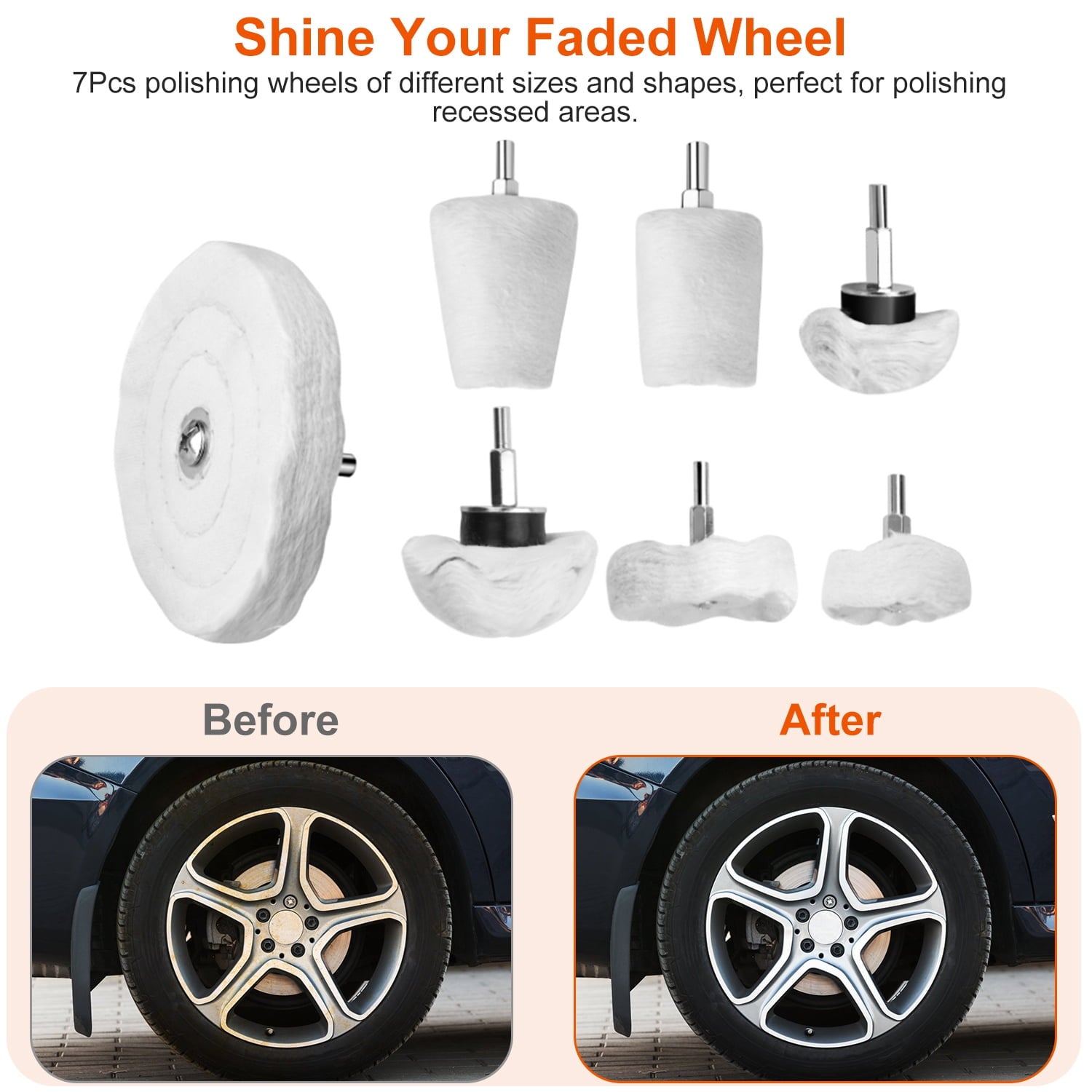 iMountek 7Pcs Polishing Pads Car Buffing Wheels Motorcycle Polishing Disc Ball Mop Wheel Drill Kit with 1/4" Hex Shaft for Manifold Aluminum Chrome