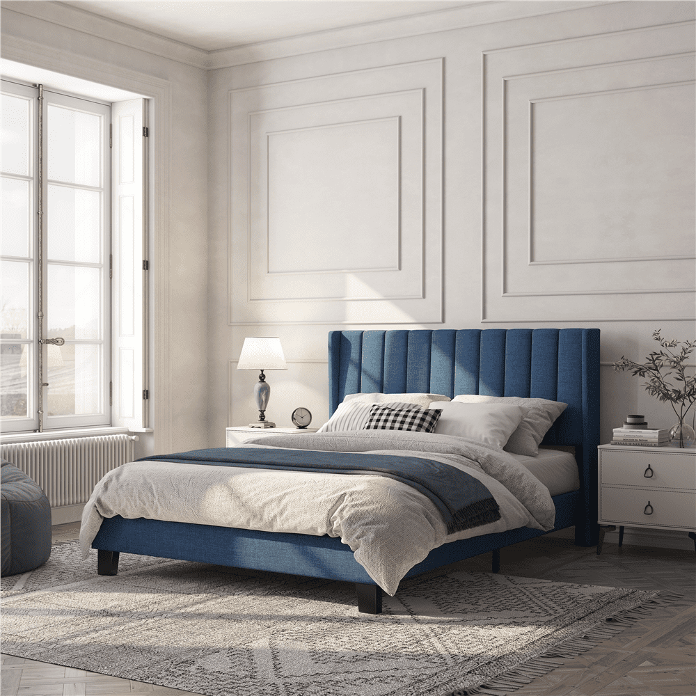 Topeakmart Queen Platform Bed with Upholstered Headboard & Mattress Foundation, Navy Blue