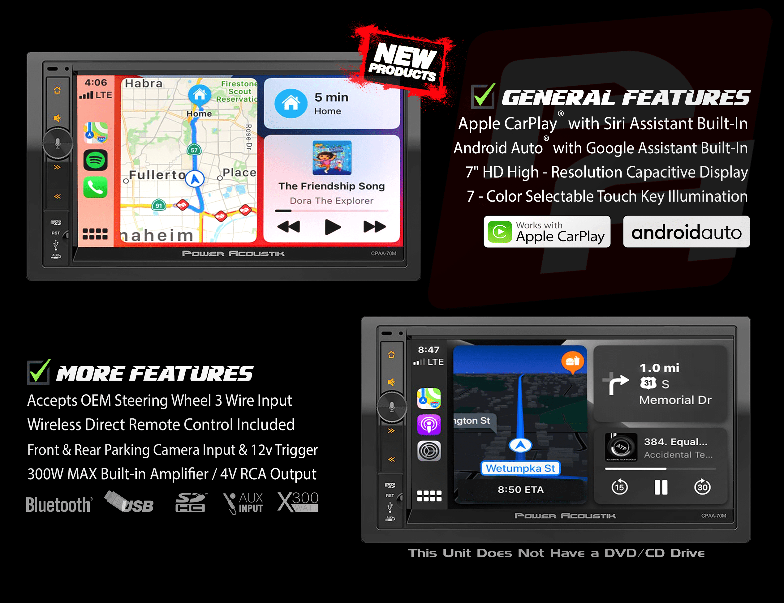 Power Acoustik Car Stereo Combo | Car Play/Android Auto Receiver & (4) 6.5" Speakers | 7" HD LCD with Capacitive Touchscreen & Bluetooth | Double Din | CPAAM7-S2