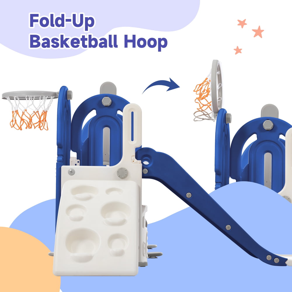 5 in 1 Toddler Swing and Slide Set with Climber, Kids Playground Climber Slide Playset with Safety Belt, Armrest, Basketball Hoop, High Adjustable Baby Swing Set for Indoor Outdoor Backyard, Blue