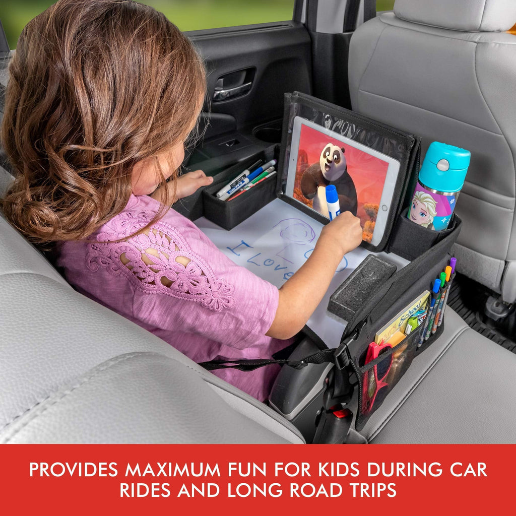 Lusso Gear | Kids Travel Activity Tray | For Car, Airplane, Booster Seat | Dry Erase Board, Displays Tablet, Storage Pockets | Black