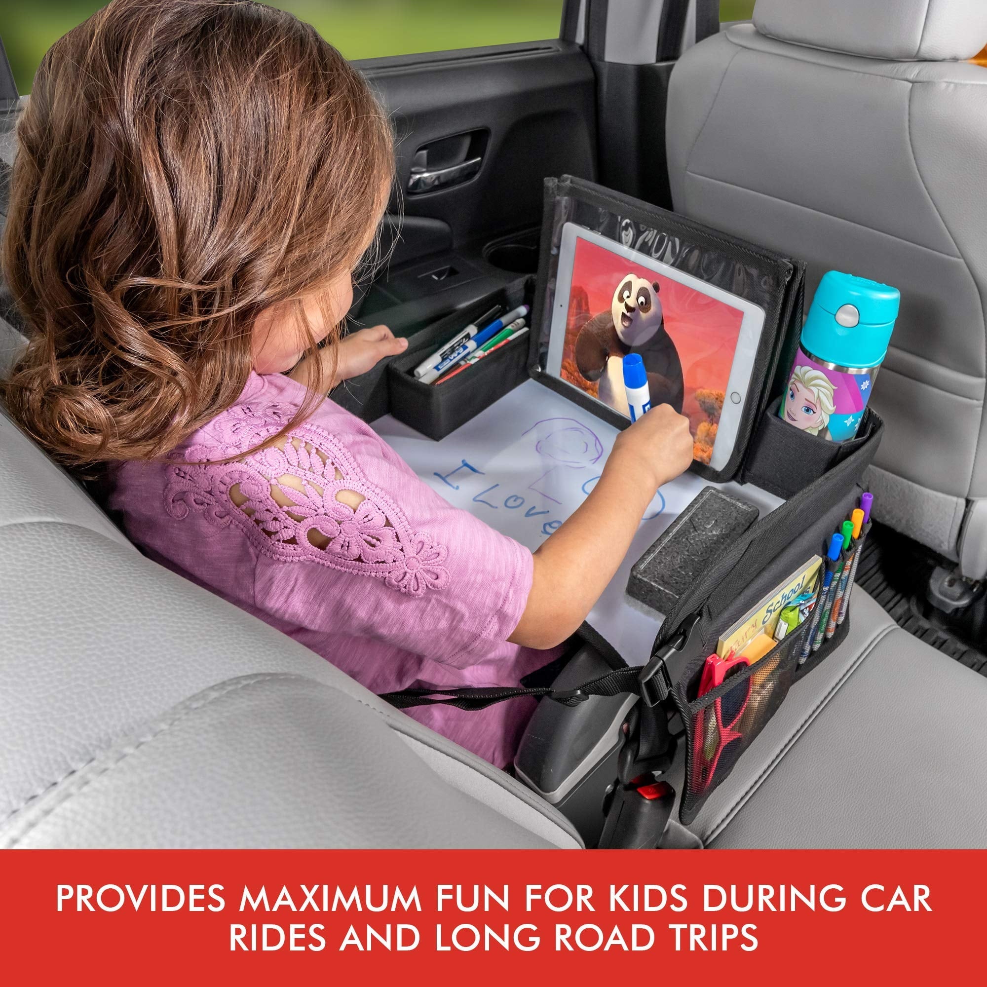 Lusso Gear Kids Travel Tray with Dry Erase Board, Road Trip Essentials Kids, No-Drop Tablet Holder, Lap Desk, Cup Holder, Toddler Toy Storage, Fits Airplane and Booster Seat (Unicorn)