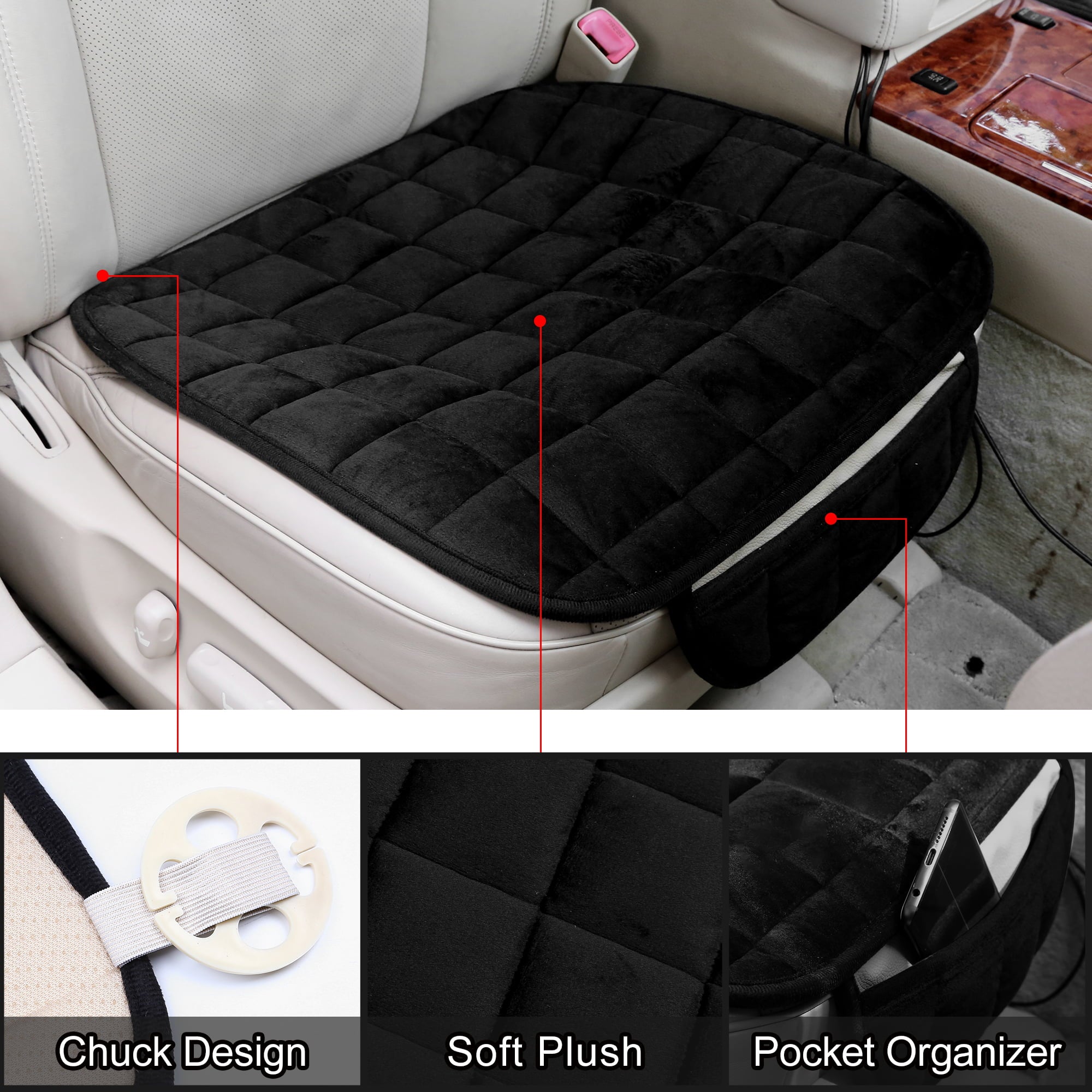Unique Bargains 2 Pcs Front Car Seat Cover Breathable Plush Pad Chair Cushion for Vehicle Home Office Universal Black