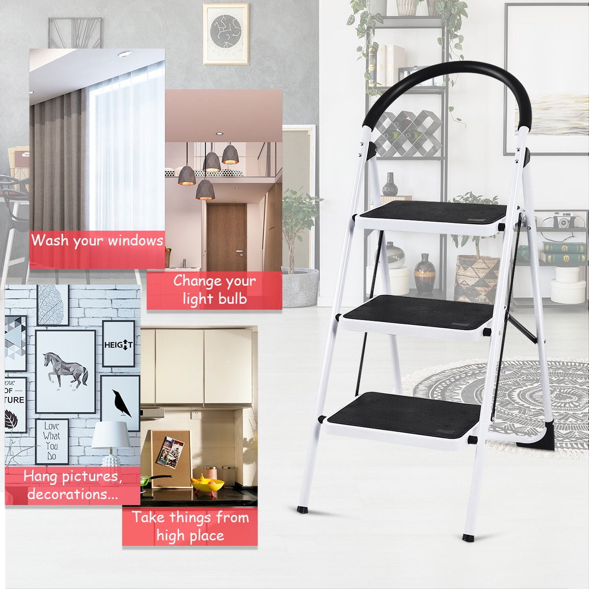 SUGIFT 3-Step Portable Folding Steel Ladder with Wide Platform Steps, 330lbs Capacity, White