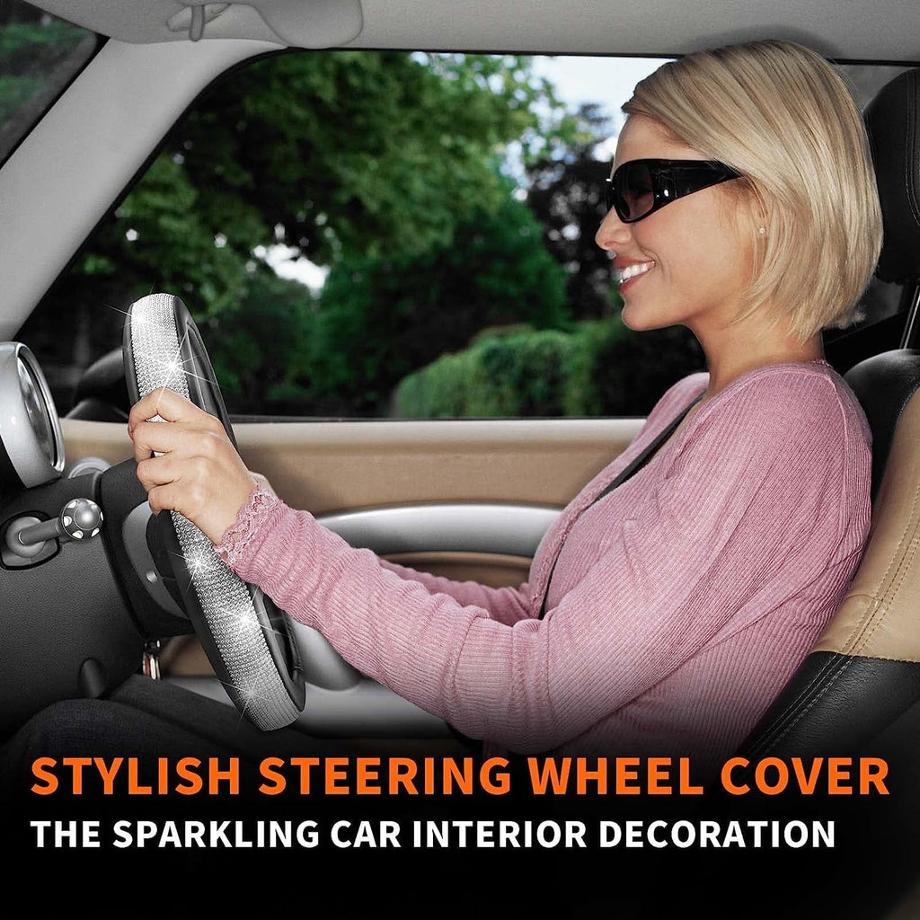 Daretodo Steering Wheel Cover for Women Girls Cute Bling Sparkly Diamond Universal Fit 15 Inch Car Wheel Protector Accessories