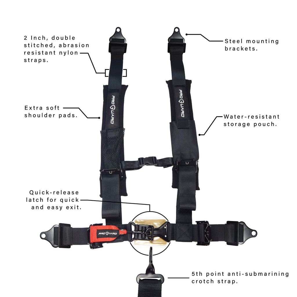 ProGuard Black 5 Point Harness 2" Straps for Off Road Vehicle, ATV, UTV, Go Kart, Buggy, Side by Side, & Rock Bouncer