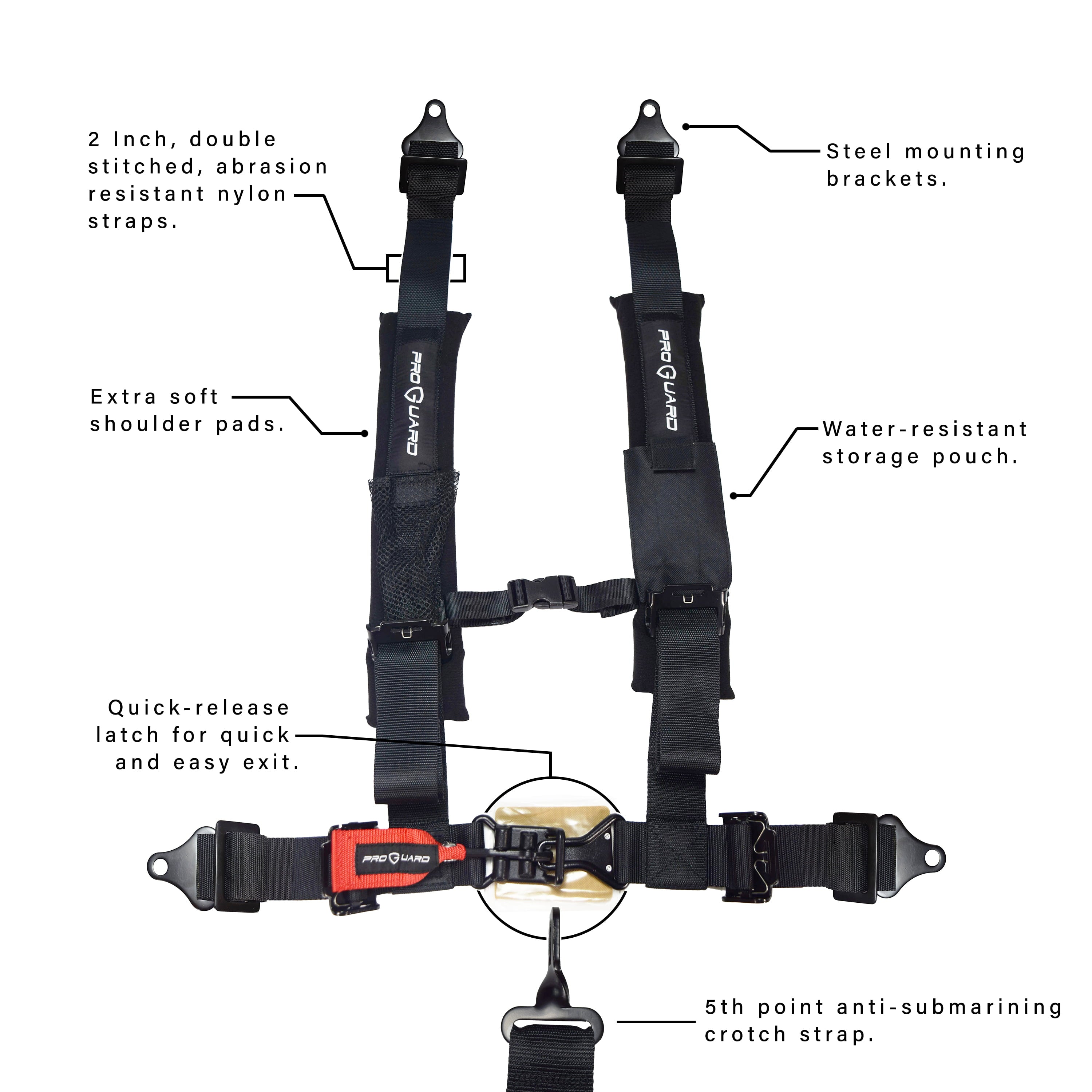 ProGuard Black 5 Point Harness 2" Straps for Off Road Vehicle, ATV, UTV, Go Kart, Buggy, Side by Side, & Rock Bouncer