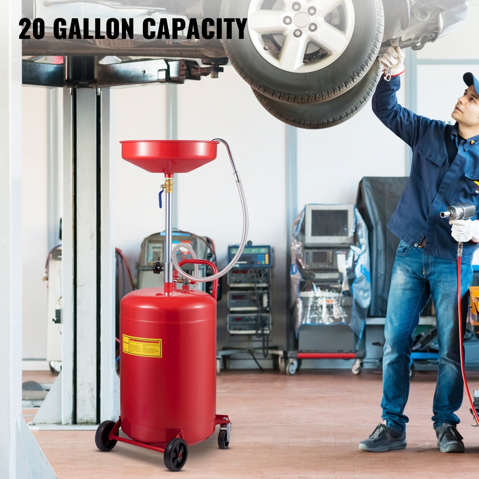 VEVOR Waste Oil Drain Tank 20 Gallons Portable Air Operated Drainer, Container, Fluid Fuel Transfer Drainage, Adjustable Funnel Height, with Wheel