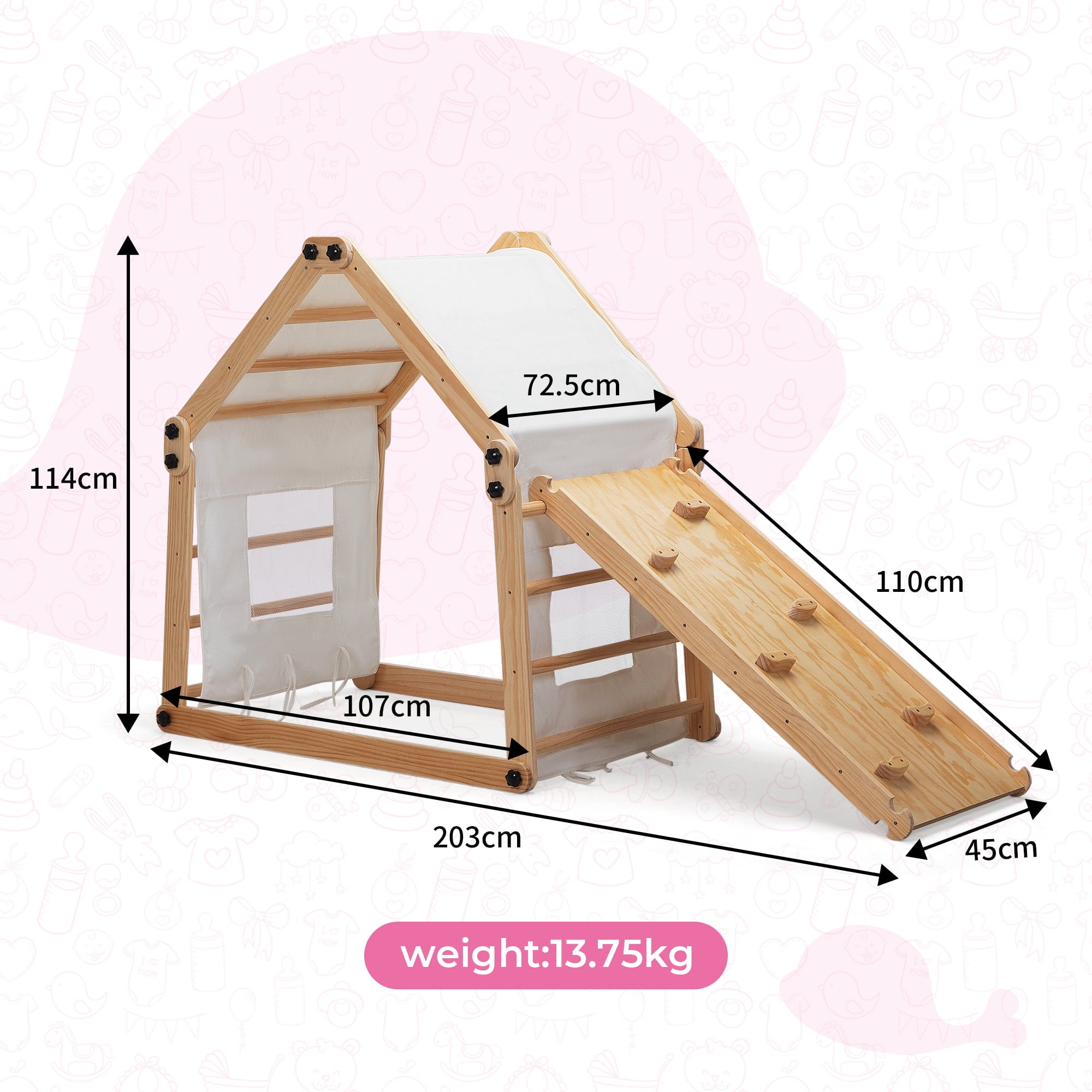 Jaxpety Wooden Triangle Climber Set with Ladder and Canvas Tent, Toddler Indoor Climbing Toys for Kids Aged 3-8 Years Old, Natural Wood