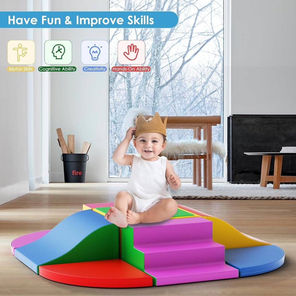 Foam Climbing Blocks for Toddlers, 9 Pieces Soft Play Climbing for Kids, Toddler Climbing Toys with Stair and Slide, Indoor Crawl and Climb Playset for Kids (Colorful)