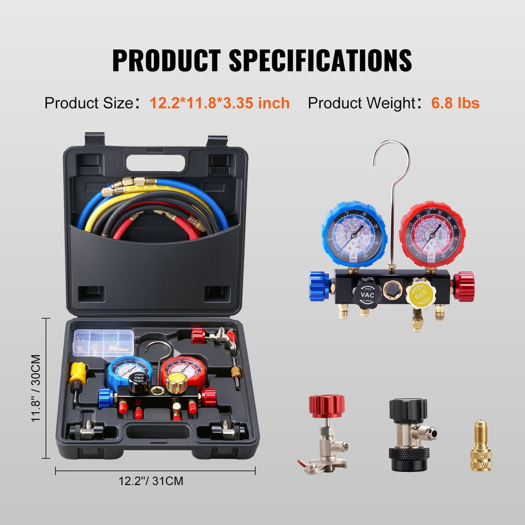 BENTISM 4-Way AC Manifold Gauge Set Fit R134A R22 R12 R502 Refrigeration Charging with Portable Case 4PCS Hoses for Air-Conditioning Refrigerator Maintenance