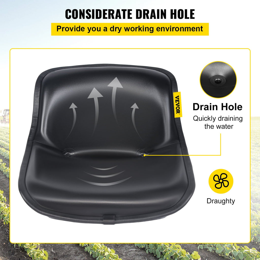 VEVOR Universal Tractor Seat, Compact High Back, Black PVC Lawn and Garden Mower Seat Replacement, Two Drain Holes Steel Frame Forklift Seat, Compatible with Forklift, Excavator, Mower