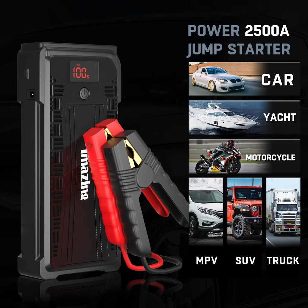 Imazing Portable Car Jump Starter - 2500A Peak 20000mAH (Up to 8L Gas/8L Diesel Engine) 12V Auto Battery Booster Portable Power Pack with LCD Display, QC 3.0 and LED Light