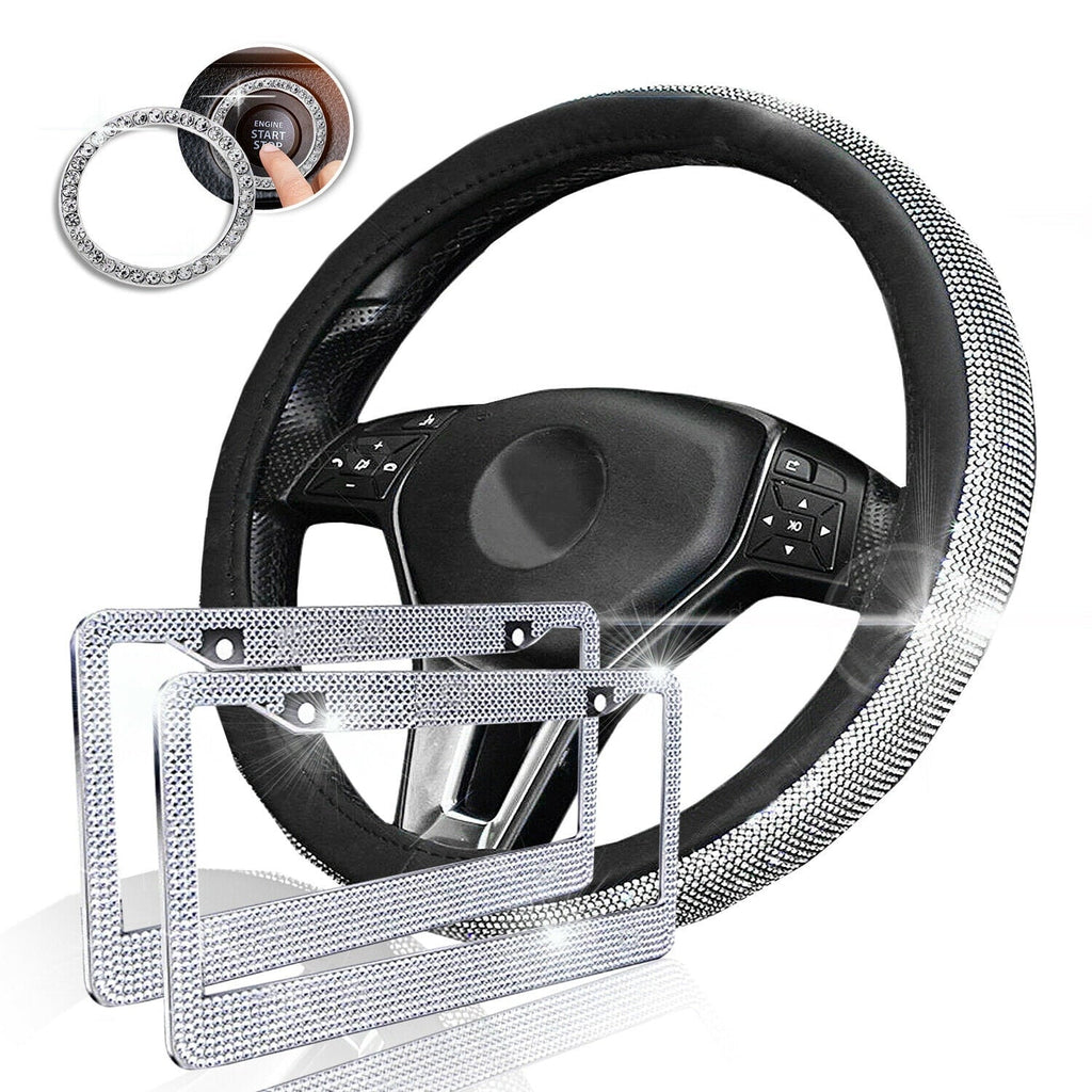 Bling Car Accessories Set, Bling Steering Wheel Cover for Women Universal Fit 15 Inch, Bling License Plate Frame for Women