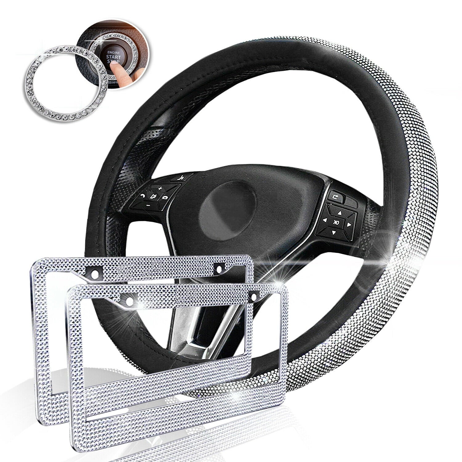 Bling Car Accessories Set, Bling Steering Wheel Cover for Women Universal Fit 15 Inch, Bling License Plate Frame for Women