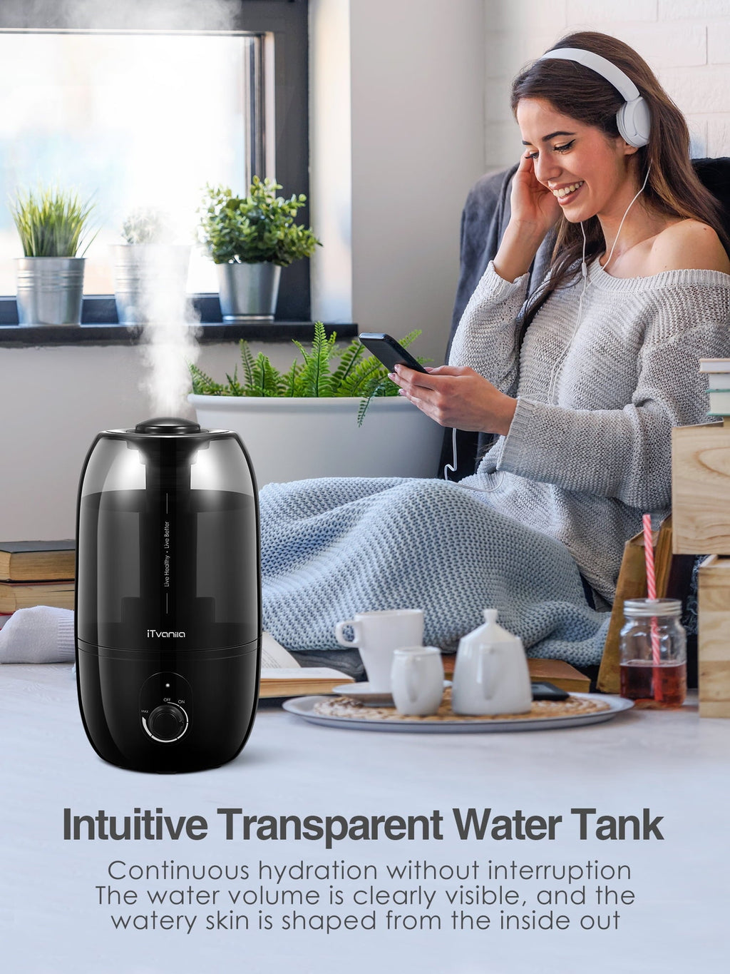 Cool Mist Humidifiers, 2.7L Humidifier for Home and Baby Room, 28H Quiet Output Bedroom Humidifier with 360° Rotating Nozzle, Black