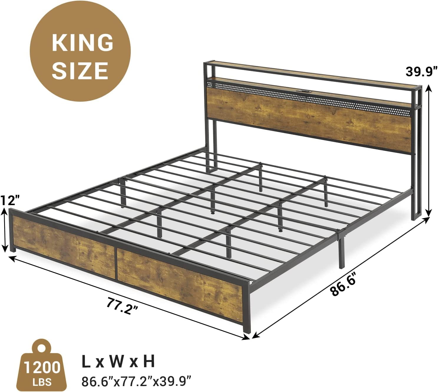 ADORNEVE LED King Bed Frame with Outlets and USB Ports, Metal Platform Bed with 2-Tier Storage Headboard and LED Lights, No Box Spring Needed, Easy Assembly, Vintage Brown