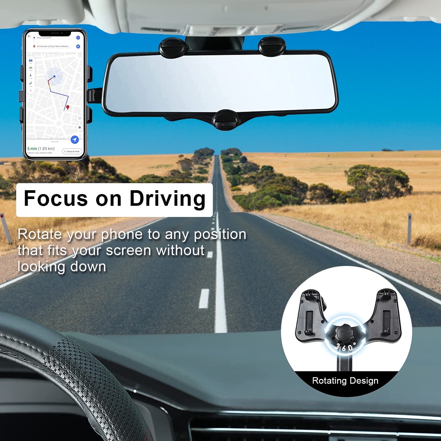 Romanda 360° Rotatable Rearview Mirror Phone Mount for Car, Retractable Universal Car phone Holder Mount for Car Decor, Four Corners Fixed Anti-Shake Design, for All Mobile Phones and All Car