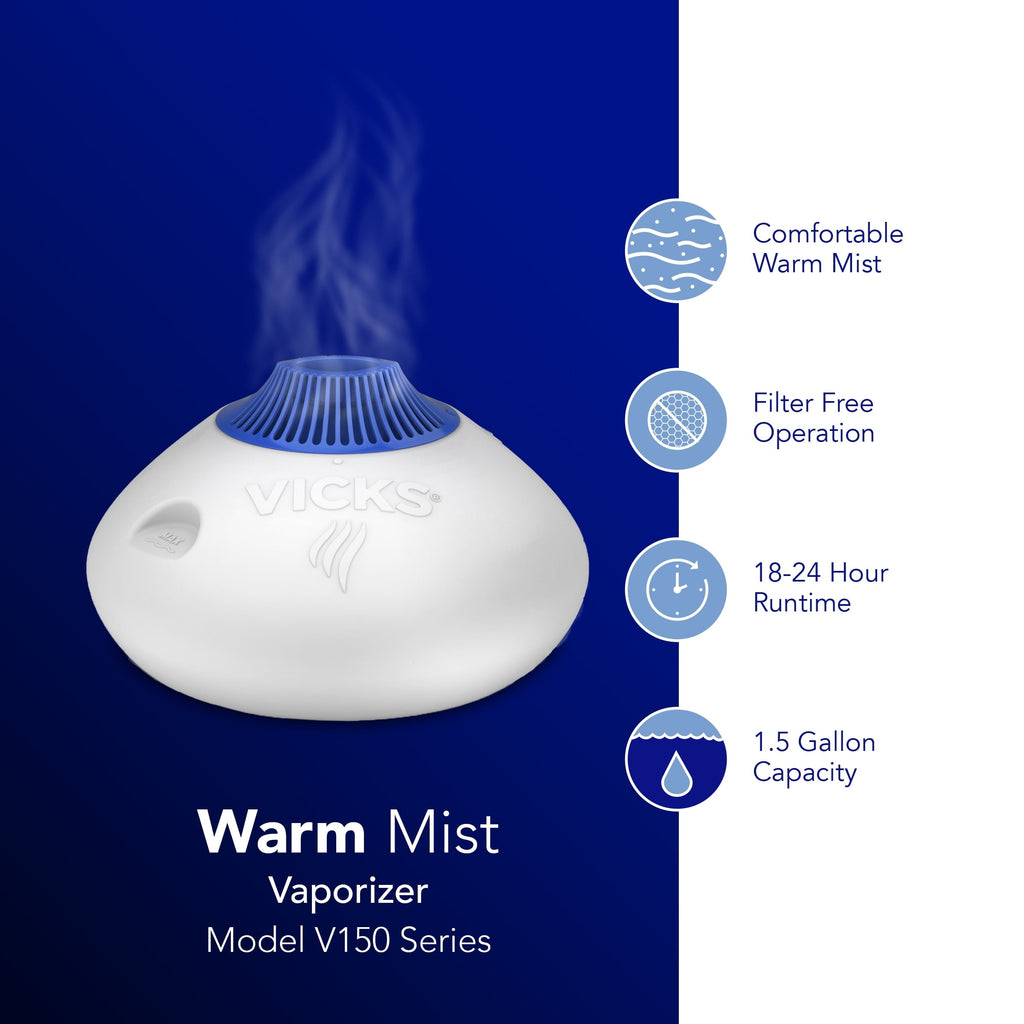 Vicks Warm Steam Vaporizer Humidifier, 600 sq ft, White, V150RYUPC