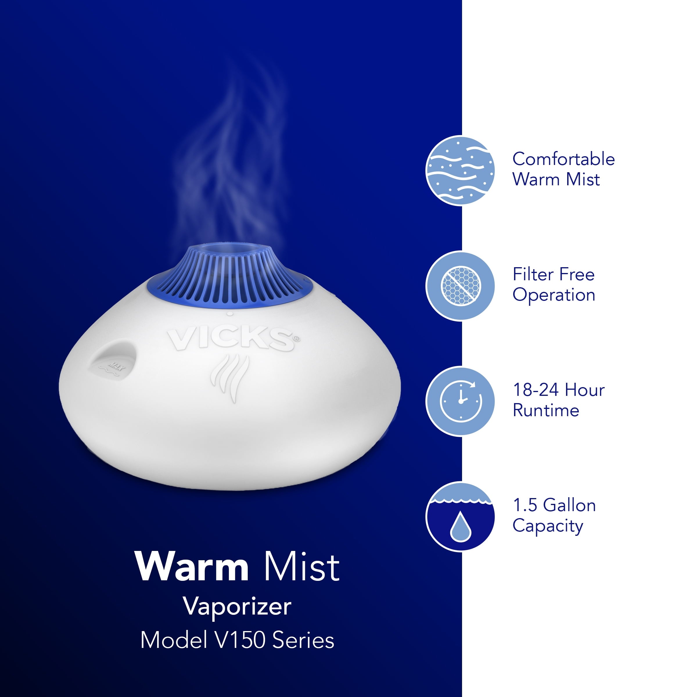 Vicks Warm Steam Vaporizer Humidifier, 600 sq ft, White, V150RYUPC