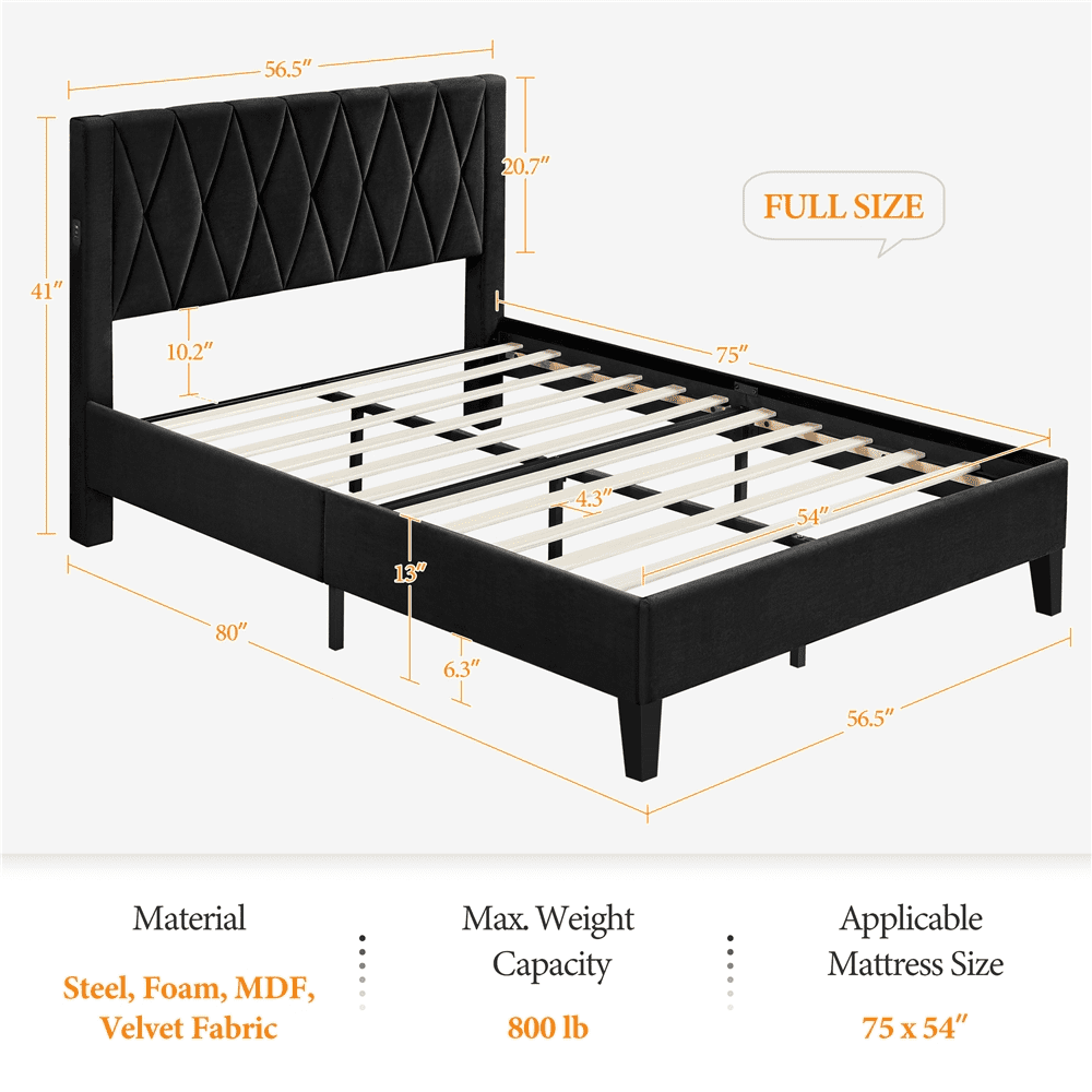 Yaheetech Upholstered Bed Frame with Built-In USB Ports and Tufted Headboard, Full Size, Black