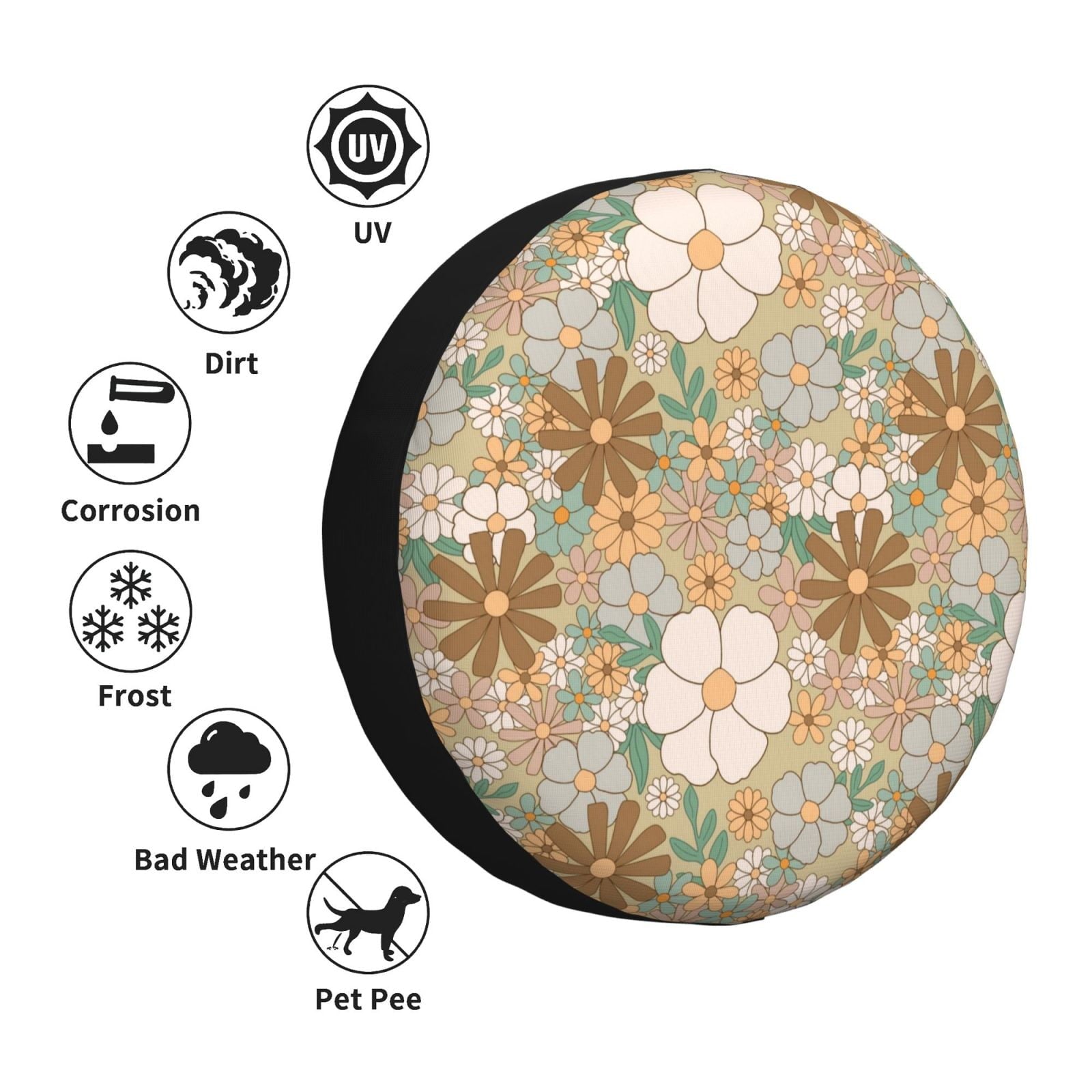 DouZhe Waterproof Spare Tire Cover, Retro Floral Flowers Design Prints Adjustable Wheel Covers Fit for Jeep Trailer RV SUV Car, 14 inch