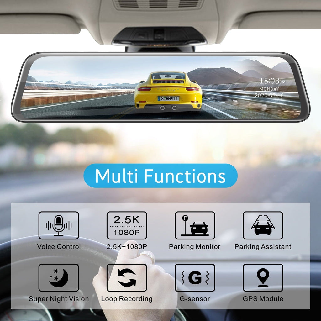 2.5K 12 Inch Mirror Dash Cam GPS Rear View Mirror Camera, Touch Screen Dual Dash Cam Front and Rear with Waterproof Backup Camera Parking Assistance, Night Vision, Loop Recording