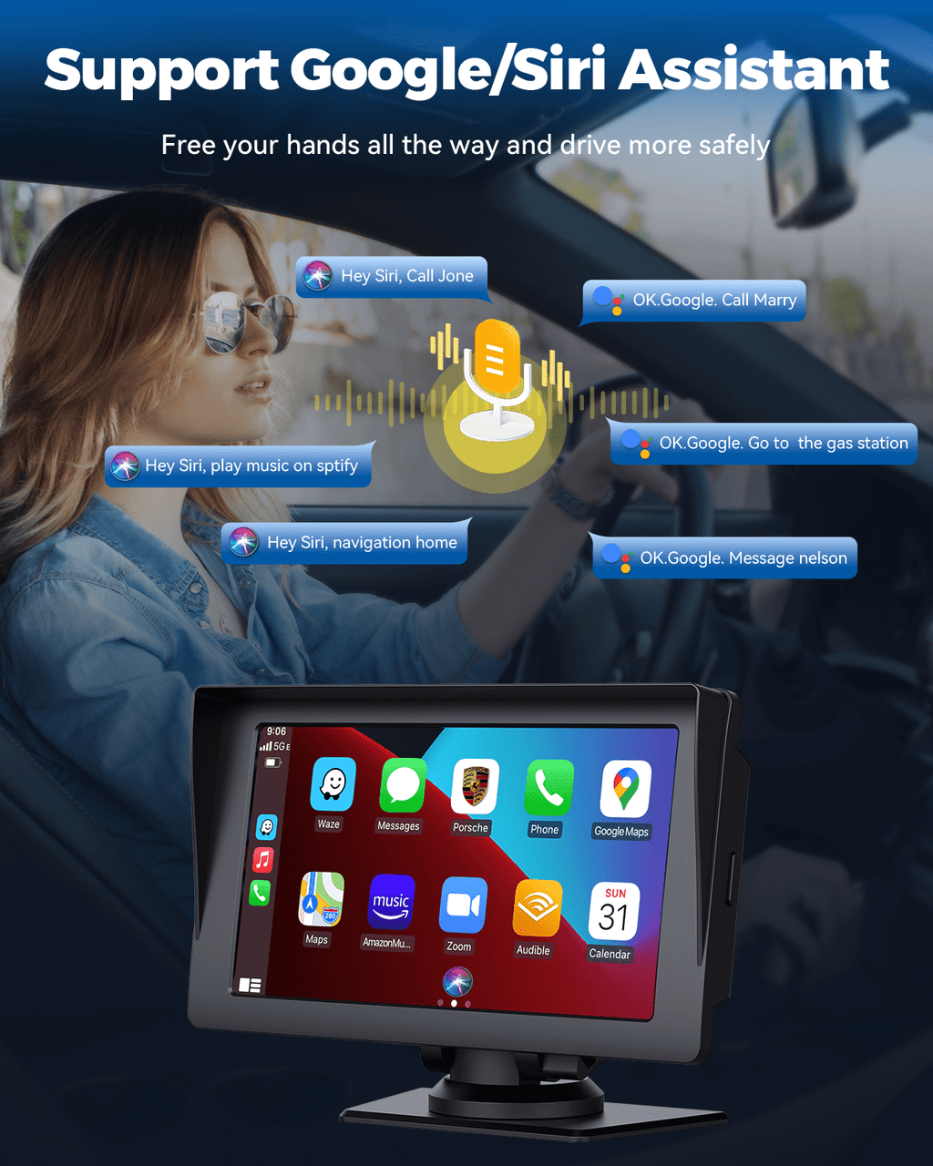 Lamtto Wireless Apple Carplay & Android Auto Car Stereo with Bluetooth, 7'' Touchscreen Carplay Car Radio with Siri, AUX, FM, Multimedia Player, GPS Navigation