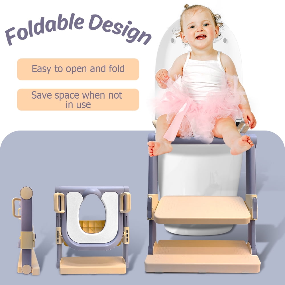 Toddler Potty Training Seat with Step Stool Ladder, Potty Training Toilet Seat for Kids, Foldable Potty Seat with Anti-Slip Pad Ladder, Purple