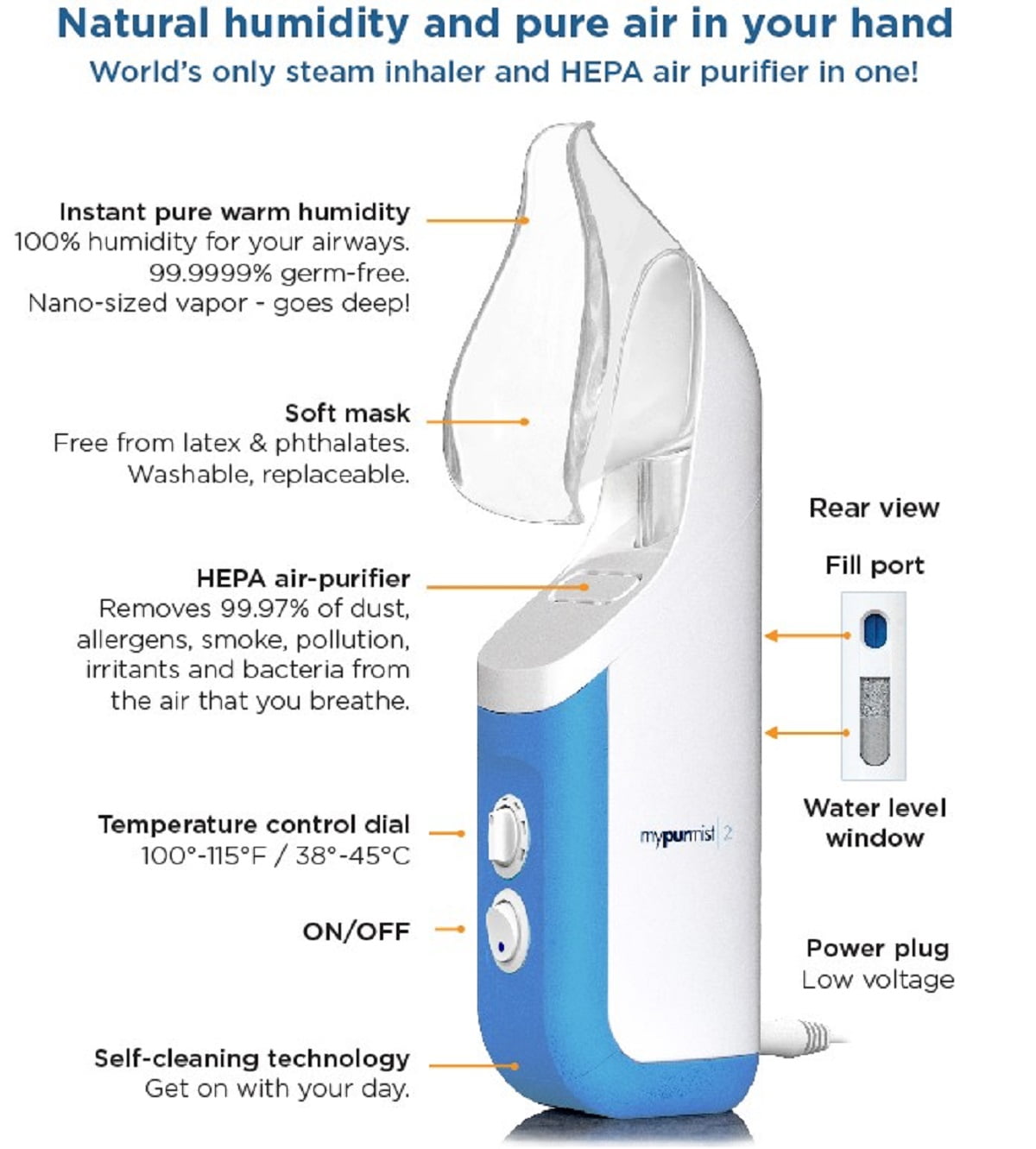 Mypurmist 2 Ultrapure Personal Handheld Vaporizer and Humidifier (Plug-in), and Steam Inhaler